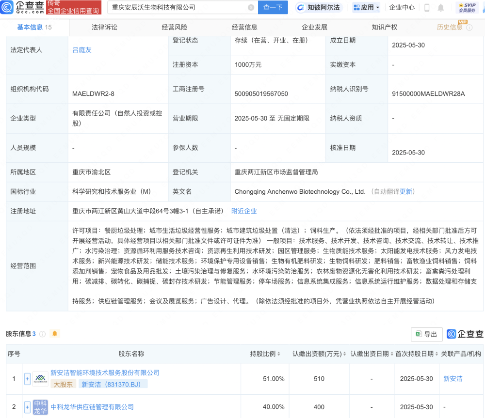 新安潔資成立重慶新生物科技公司，布局畜牧漁業飼料銷售領域